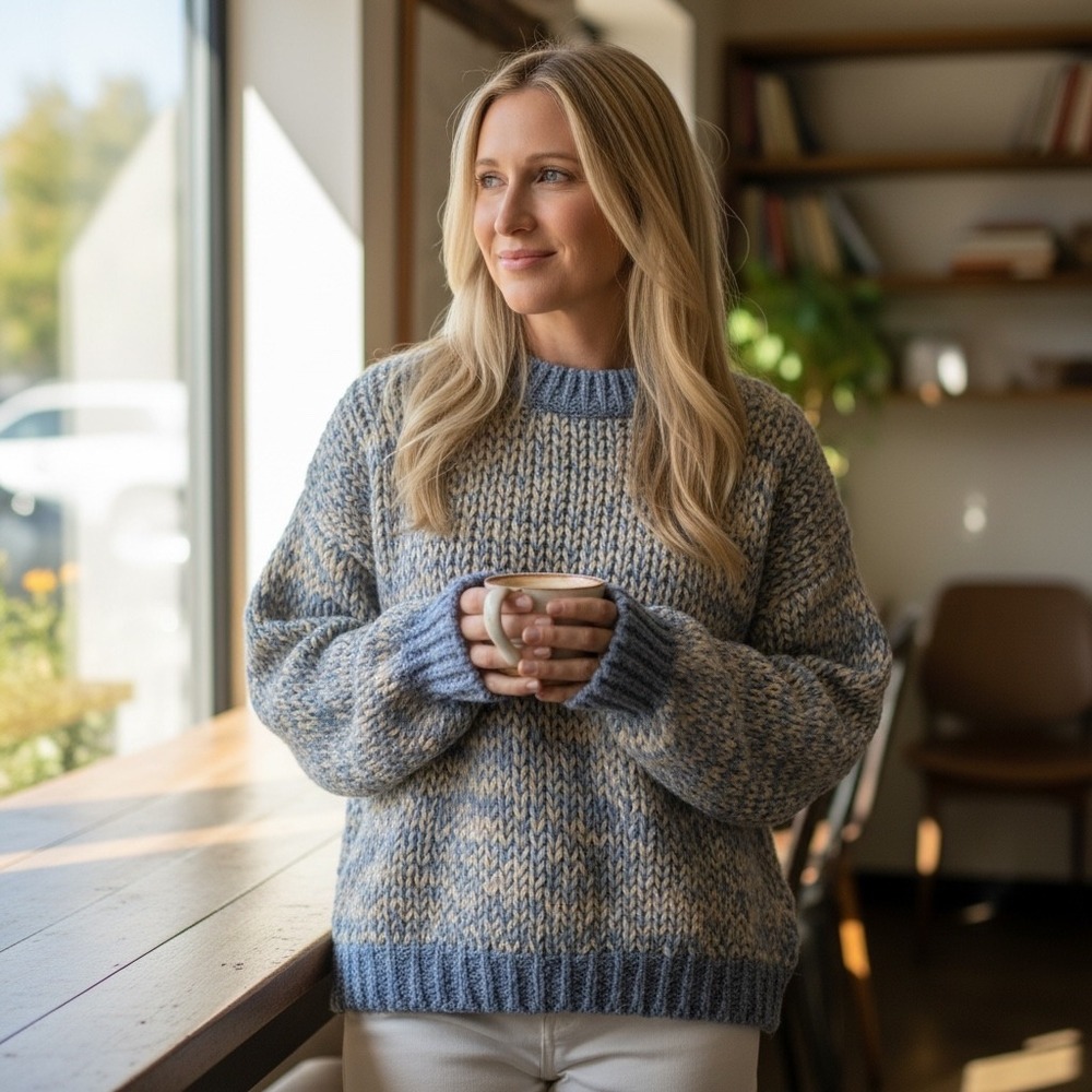 Scandal Itlaly Blue Tan Chunky Knit Alpaca Wool Blend Sweater Art 1415 SM